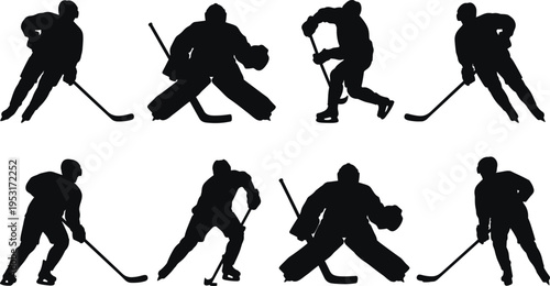 ice hockey player silhouettes set, skating action poses collection, goalie defense sport concept, isolated black athletes vector illustration pack