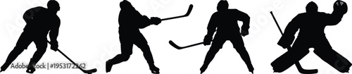 ice hockey action silhouettes collection, players skating shooting goalie defense poses, winter sport athletes isolated black vector illustration set