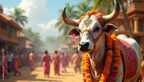 Decorated cow in Indian street during festival. People in bright clothing walk nearby. Cattle wear garlands. Sacred animal participates in holiday celebration.
