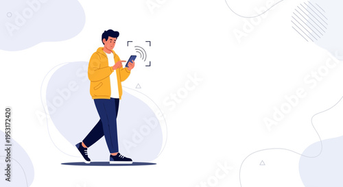 Man using smartphone with biometric scan, digital technology concept