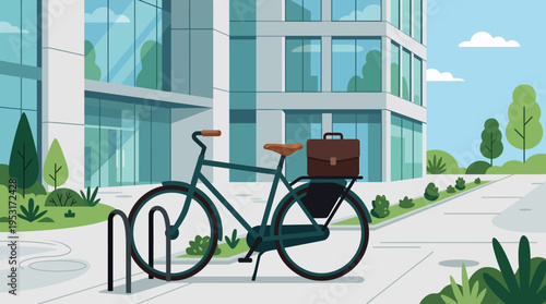 Bicycle parked on city sidewalk outdoors.