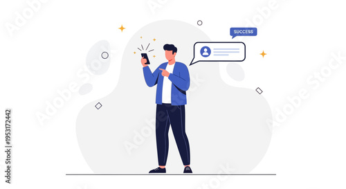 Man with smartphone receiving success notification, digital communication concept