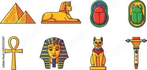 Ancient Egypt Symbols Flat Vector Icon Set Featuring Pyramids, Sphinx, Pharaoh Mask, Ankh, Scarab, Bastet Cat, and Hieroglyphic Elements Isolated on White Background