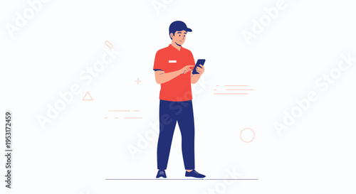 Delivery man in uniform using smartphone, flat illustration