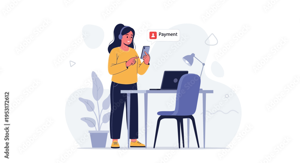 Fototapeta premium Woman with headphones using smartphone for online payment at desk with laptop