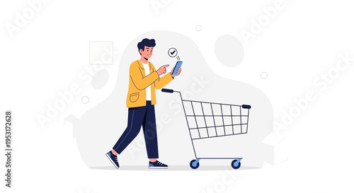 Man with smartphone and shopping cart, online shopping concept