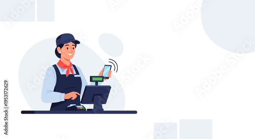 Cashier using smartphone for contactless payment at checkout counter