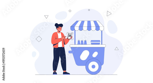 Person Ordering Food From a Street Cart Using a Tablet