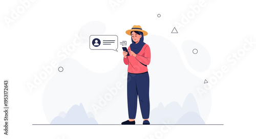 Woman in Hijab and Hat Texting on Phone with Message Bubble