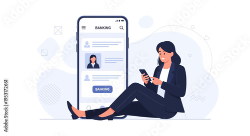 Woman using mobile banking app on smartphone, sitting next to large phone screen