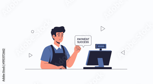 Cashier celebrating successful payment at point of sale terminal, retail concept