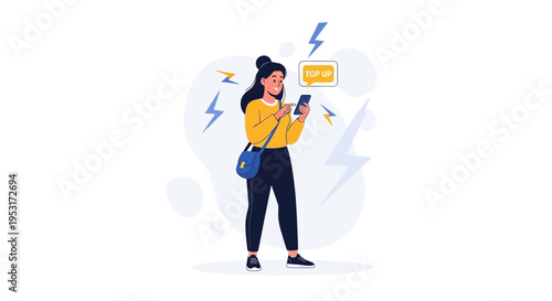 Woman topping up phone credit with mobile app, lightning bolts symbolizing fast transaction