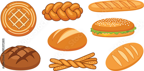 Bakery Bread and Baked Food Collection Vector Illustration with Baguette Loaf Braided Bread Burger Bun Pretzel and Artisan Bakery Products Set