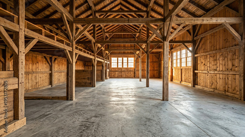 Empty wooden barn with high beams and concrete floor