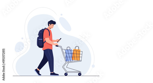 Young Man with Backpack Pushing Shopping Cart with Bags, Using Smartphone