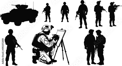 Military soldiers and armored vehicle silhouettes collection, army combat troops with rifles planning strategy, tactical warfare illustration set