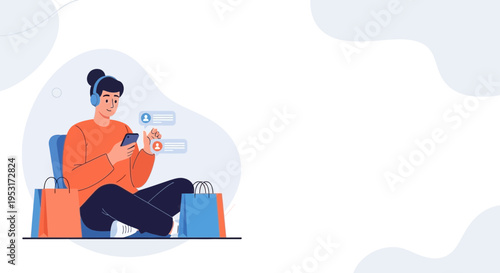 Young person with headphones using smartphone, surrounded by shopping bags, online shopping concept