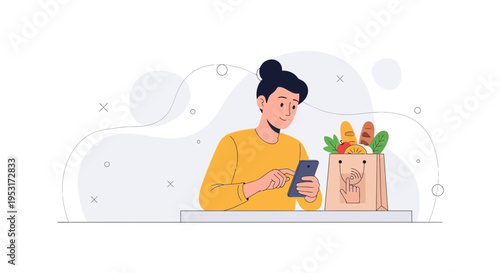 Woman using smartphone for online grocery shopping, food bag with fresh produce