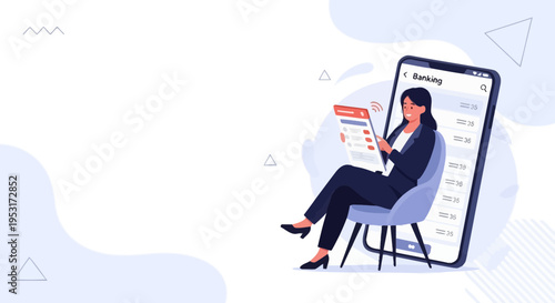 Woman using banking app on smartphone, online finance management, digital banking concept