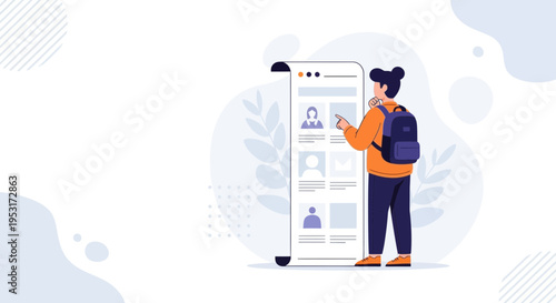 Student choosing profile on digital screen, online profile selection, user interface concept