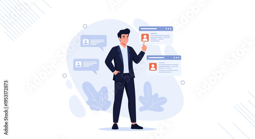 Businessman selecting candidate from profiles on screens, recruitment concept