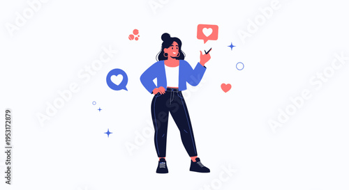 Happy Woman with Social Media Likes and Hearts Icons - Vector Illustration