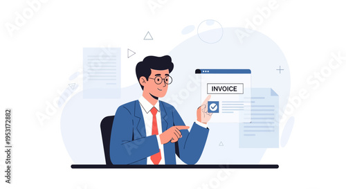 Businessman reviewing invoice on screen, financial accounting concept