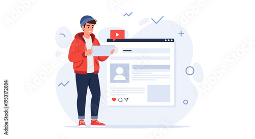 Young man with tablet near social media feed and play button, digital content creation