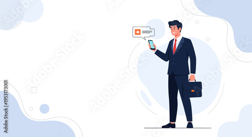 Businessman using smartphone, receiving notification, holding briefcase, modern office background