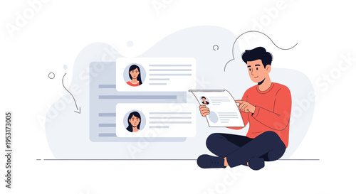 Man reviews resumes online, choosing candidates for job hiring, recruitment concept