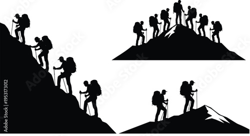 Mountain hikers silhouettes climbing peak trekking adventure group backpackers black silhouette collection isolated background outdoor travel concept