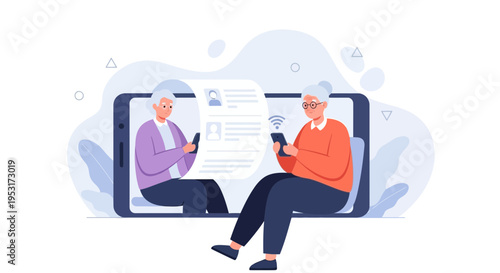 Elderly couple connecting online via video call on smartphone, modern communication