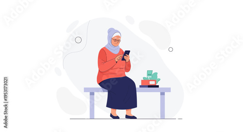 Elderly Muslim Woman Using Smartphone on Bench, Flat Illustration