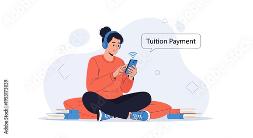 Student paying tuition online via smartphone, headphones, books, education concept