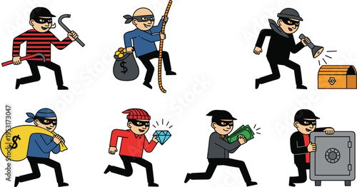 Cartoon Thief and Robber Character Flat Vector Icon Set Featuring Burglary Scenes, Money Theft, Safe Cracking, and Criminal Activities Isolated on White Background