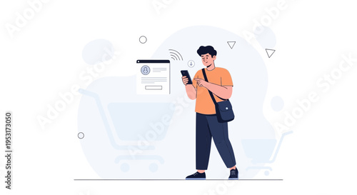 Man using smartphone for online shopping and payment with shopping cart icon