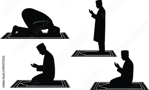 Muslim man praying salah on prayer mat silhouette Islamic prayer worship Ramadan religion spirituality isolated black illustration set