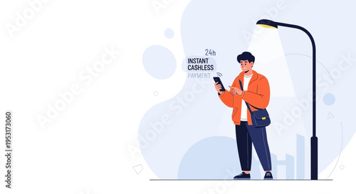 Man using smartphone for instant cashless payment under street light