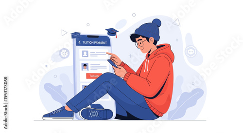 Student paying tuition online via mobile app, education finance concept