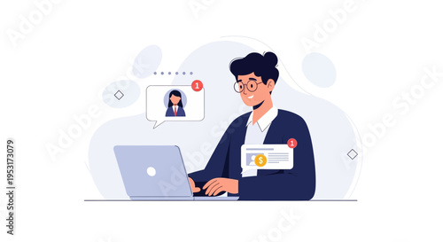 Man working on laptop with notifications and messages, business concept illustration