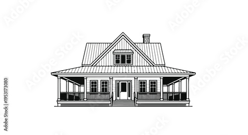 Architectural drawing of a house with a large porch and gable roof against a white background.