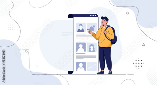 Young man with backpack choosing profile from list on screen, online recruitment concept