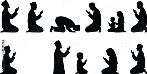 Muslim prayer silhouettes collection with men women and children performing Islamic prayer poses, religious worship illustration set