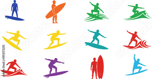 Surfing silhouettes collection, colorful surfers riding waves, beach sport icons, dynamic ocean activity, modern flat vector illustration, summer lifestyle design set