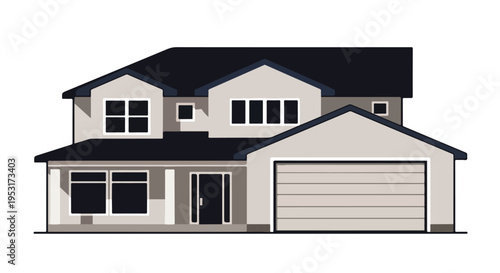 A two-story modern house with a garage and covered porch on a white background.