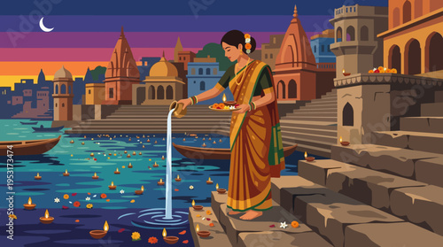 Woman in orange sari praying.