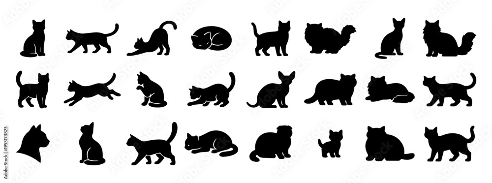 Obraz premium Cat Breed Silhouettes Set, Different Feline Types Icons, Domestic Cats Collection, Pet Variety Black Shapes