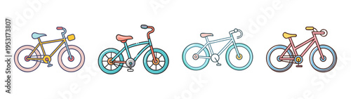 Colorful bicycle illustration set for kids, cartoon style bikes, different types and designs, fun art