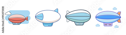 Cartoon airships vector illustration set of colorful blimps and dirigibles for graphic design projects
