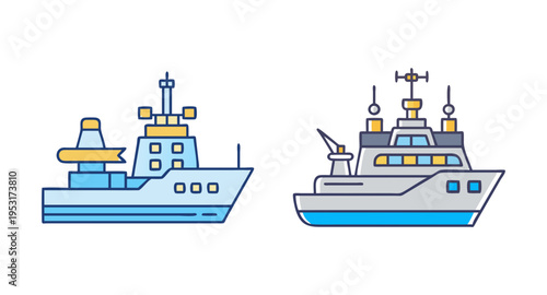 Vector illustration of ships and boats for sea travel maritime transport and naval vessel design